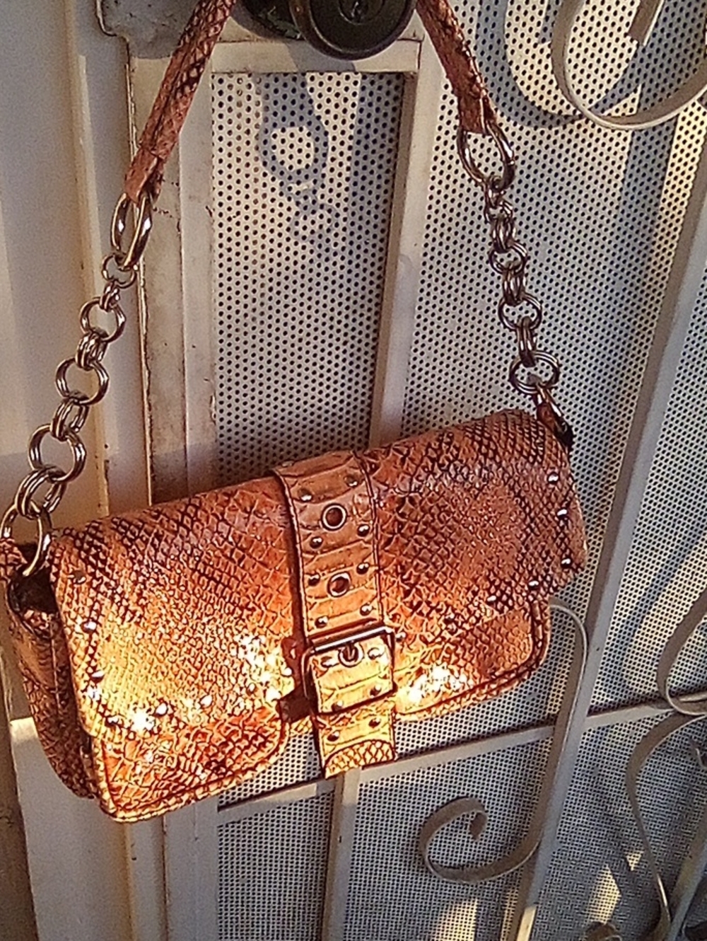 Textured Snake-Embossed Clutch with Chain Handle in Brown